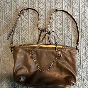 Halston Brown Leather Shoulder Bag with Chain Accent